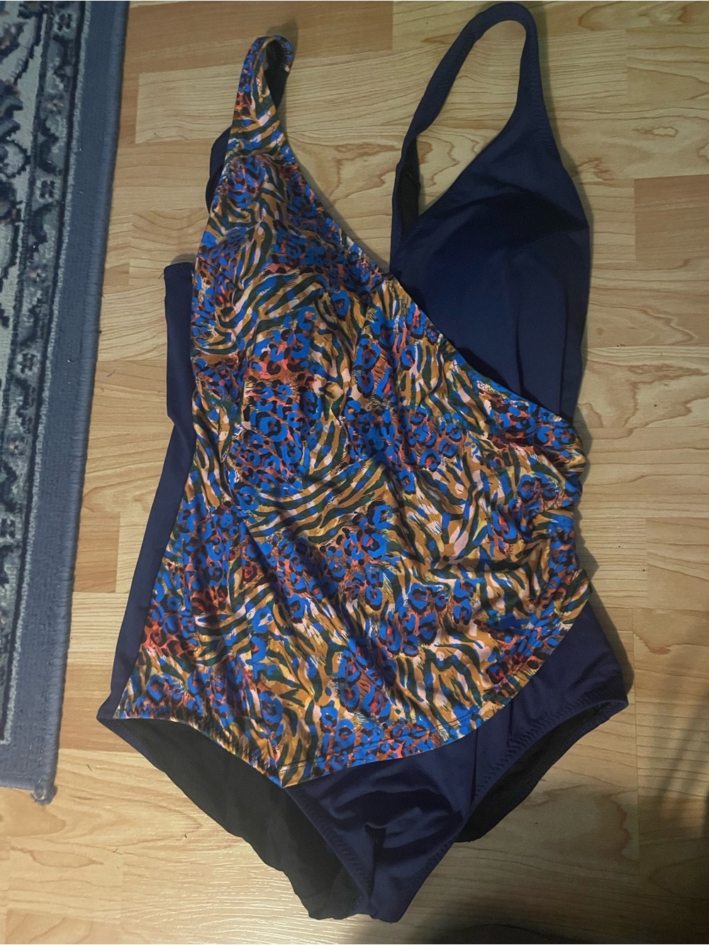 Women’s Navy One-Piece Swimsuit with Multicolor Animal Print Overlay